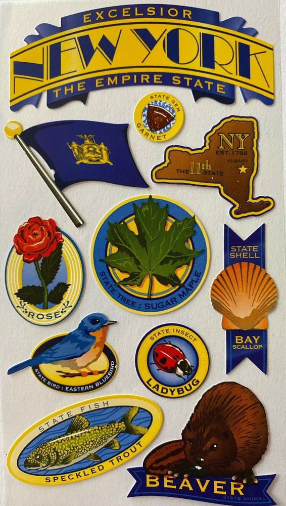 NEW YORK Stickers(11pc)Sticko•Beaver •Maple•State•Rose•Ladybug•Shell•Vacation