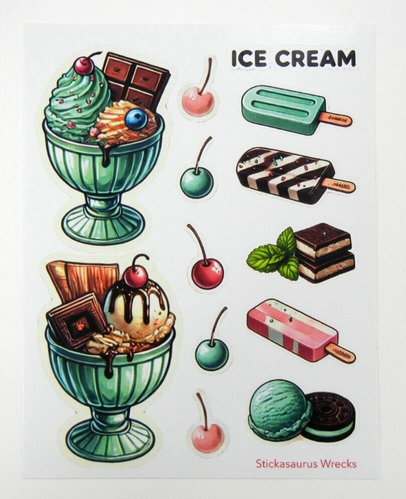 Ice Cream Sundae Cherries Popscicles Ice Cream Sandwich Sticker Sheet