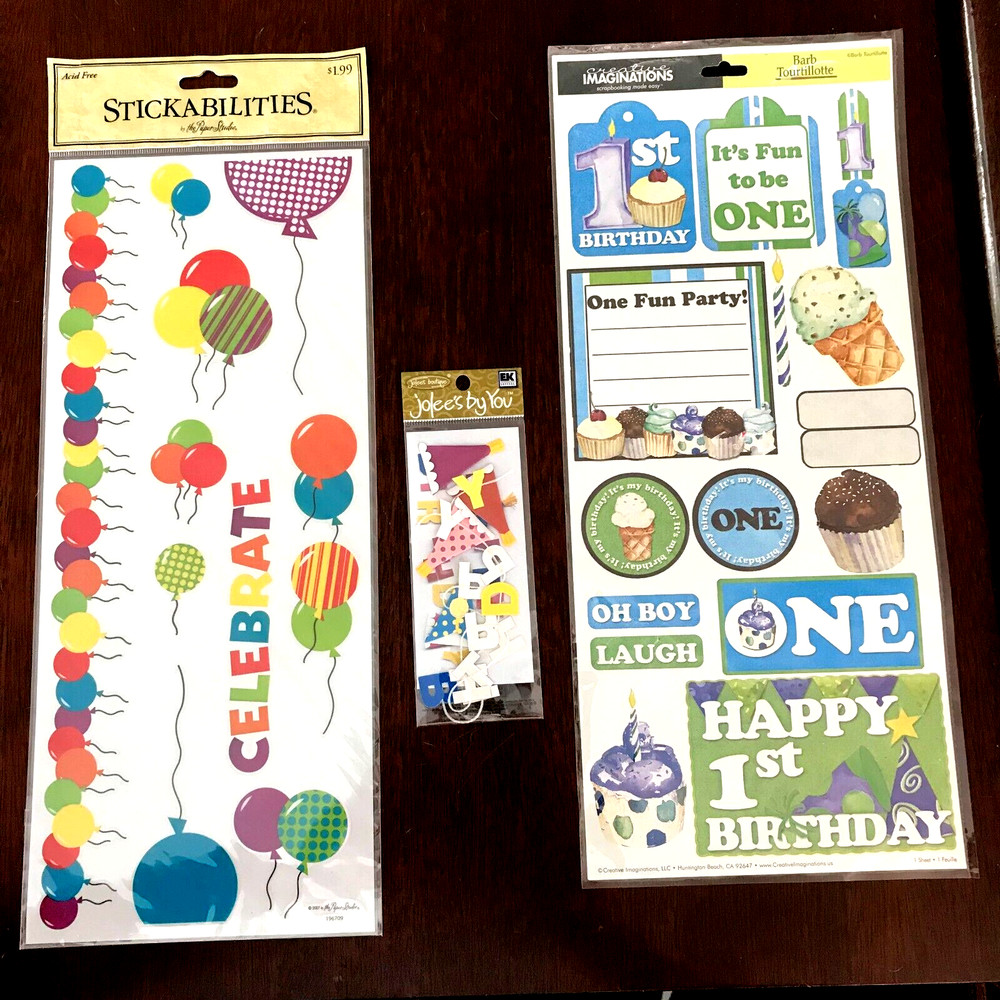 Set of 3 Birthday Themed Items: 2 Sticker Sheets, 1 Tiny Garland, New Old Stock