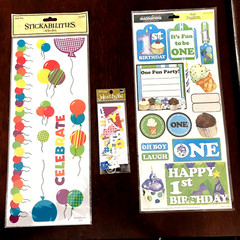 Set of 3 Birthday Themed Items: 2 Sticker Sheets, 1 Tiny Garland, New Old Stock