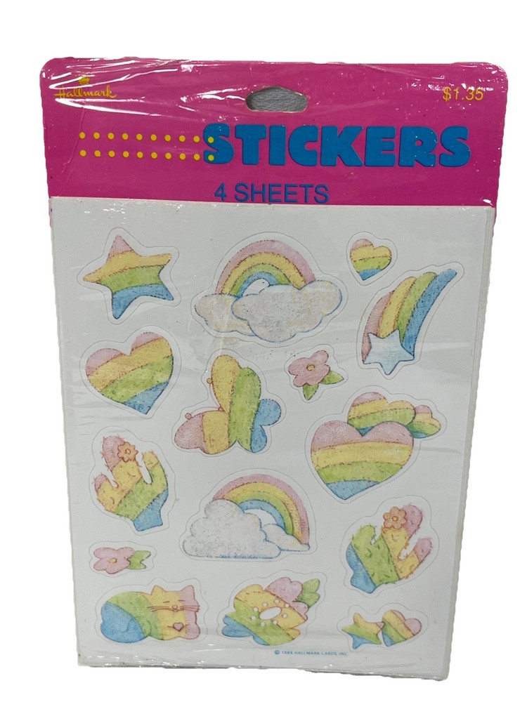 Vintage Hallmark Stickers Pastel Rainbows Hearts Cat Cactus Star 4 Sheets 1989