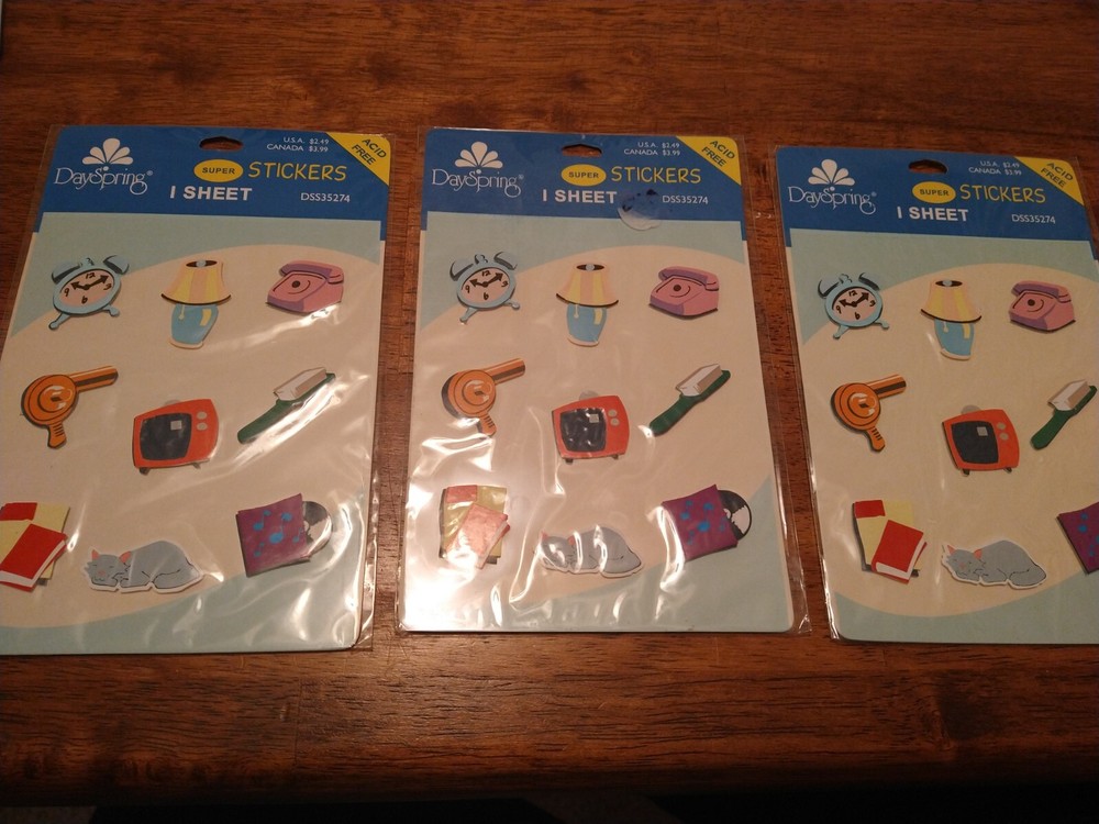 3 packages of Household Items Stickers Telephone Clock Hairdresser Cat Dayspring