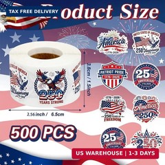 500Pcs Patriotic Stickers Roll 250th Anniversary USA Stickers Self Adhesive 4th