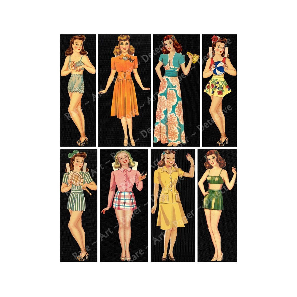 Paper Doll Illustrations, Vintage Paper Doll Figures, CUT & PEEL STICKER SHEET