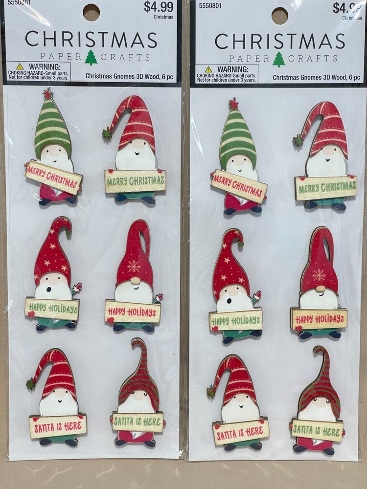 2 Christmas Paper Crafts Merry Christmas Gnomes 3D Wood Stickers Santa is Here