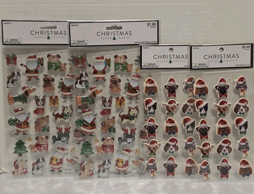 Christmas Paper Crafts Stickers- Christmas Dogs Puppy & Cats Kitten lot Of 4