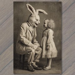 STICKER Creepy Rabbit Suit Man Girl Portrait Laughing Grin Old Time Cabinet