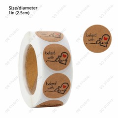 500 1in Kraft Heart Baked with Love Sticker Round Shaped Chrome Paper For Bakery