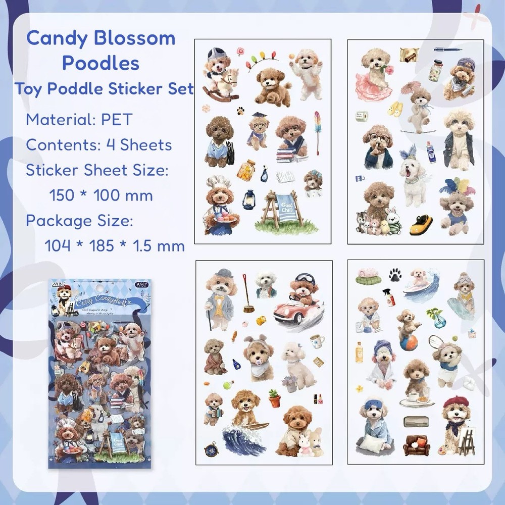 Cute Poodle Puppy PET Sticker Pack 4 Sheets Planner Journal Scrapbook Decor Kids