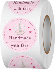 Pink Bakery Use Baked with Love Stickers, 1.5 Inch 500 PCS, Heart & Letter Print