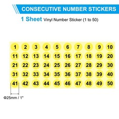 1 to 50 Number Stickers 1 Inch, Vinyl Round Labels Dot Decals, Yellow
