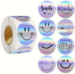 500 pc Sticker Seals Roll Laser Holographic Smile Smiling Design Silver Foil NEW