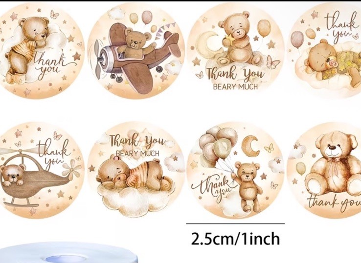 40 PCs Round 1” Thank You “Beary Much” Teddy Bear Stickers Baby Shower/Env Seals