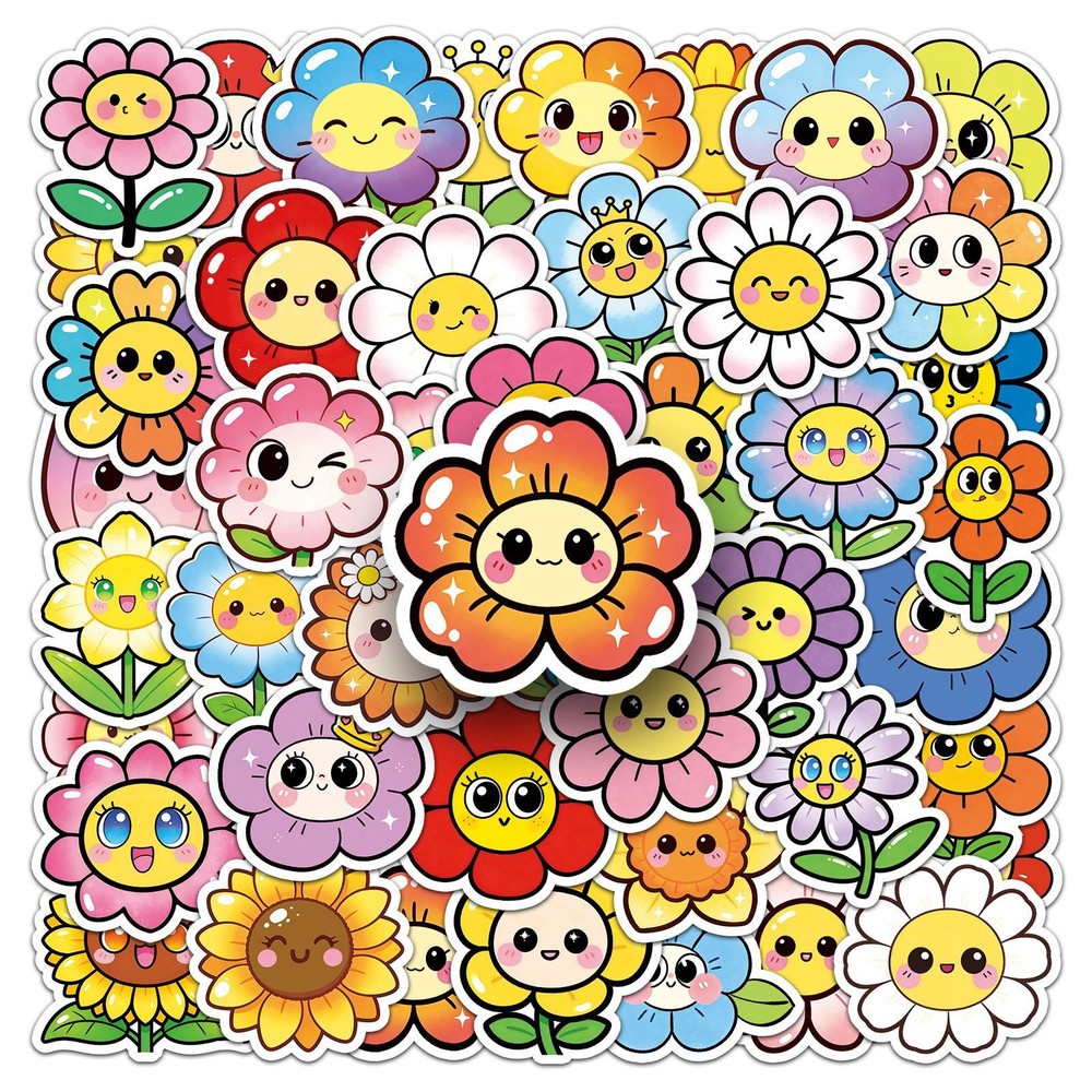 50/100PCS Smiling Flower Stickers Colorful Sunflower Cute Waterproof Decorative