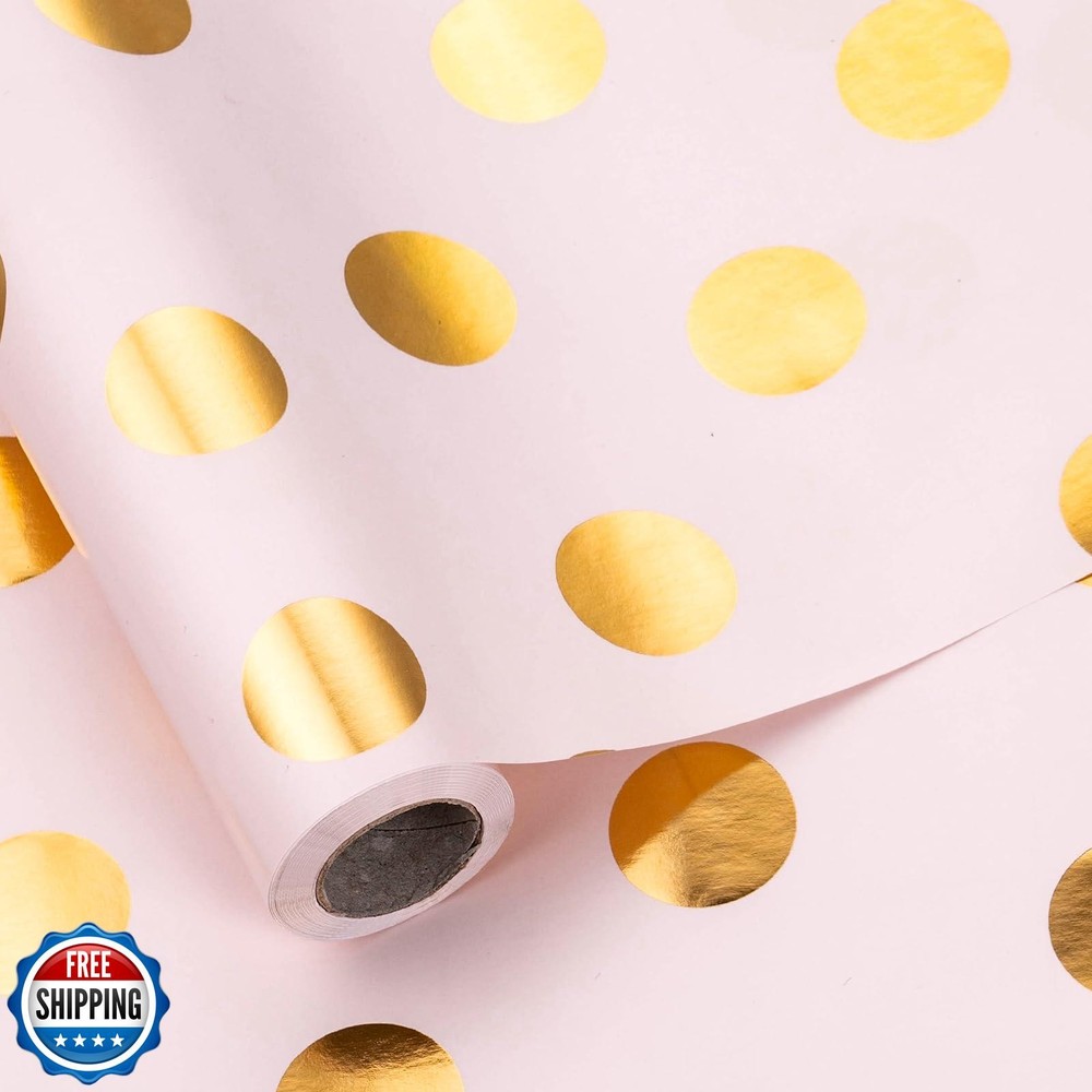 LeZakaa Pink Wrapping Paper Roll, Pink Metallic Gold Foil Polka Dot Gift Wrap