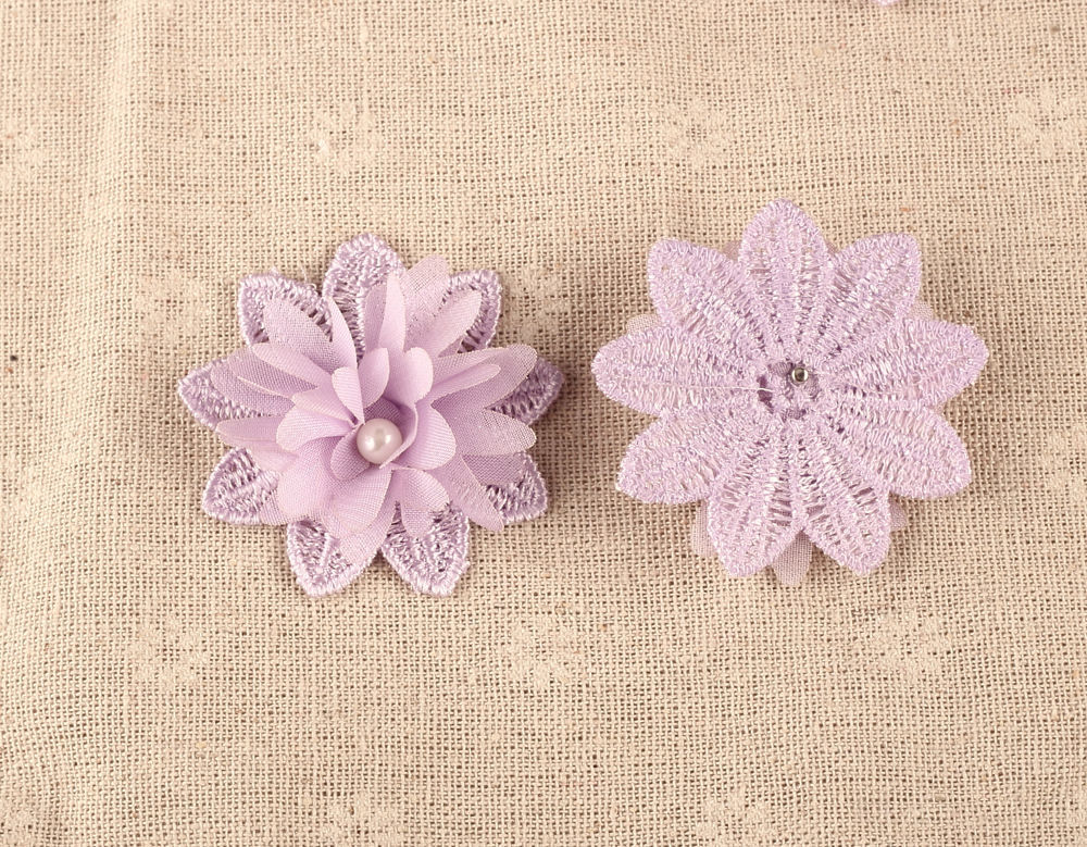 CraftbuddyUS 10 Lilac Flower w/Pearl Centre 3D motif 50mm,Sew Stitch Fabric DIY