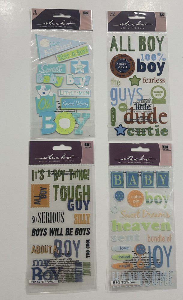 Lot of 4 – Sticko BABY BOY Scrapbooking Stickers NEW in Sealed Packages (S015)
