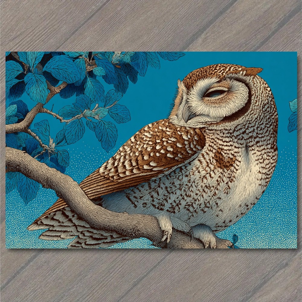 STICKER Sleeping Owl Branch Teal Blue Botanical Leaves Night Bird Nature