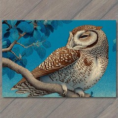 STICKER Sleeping Owl Branch Teal Blue Botanical Leaves Night Bird Nature