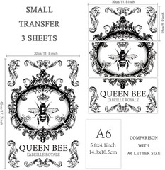 3pcs/Set Queen BEE Rub on Transfers for Furniture and Craft 12×6 inch Vintage Be