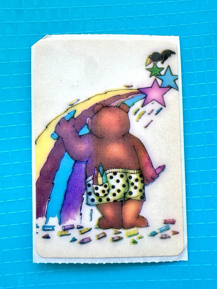 Vintage 1980s StickerMania Sticker Artist Bear Painting Rainbow W Crow Friend