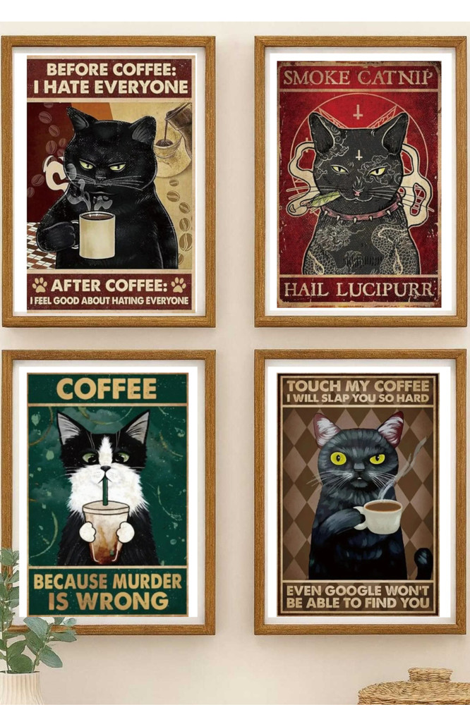 Vintage Black Cat Humor Wall Art Set of 4 Funny Cat Prints Cardstock Wall Decor