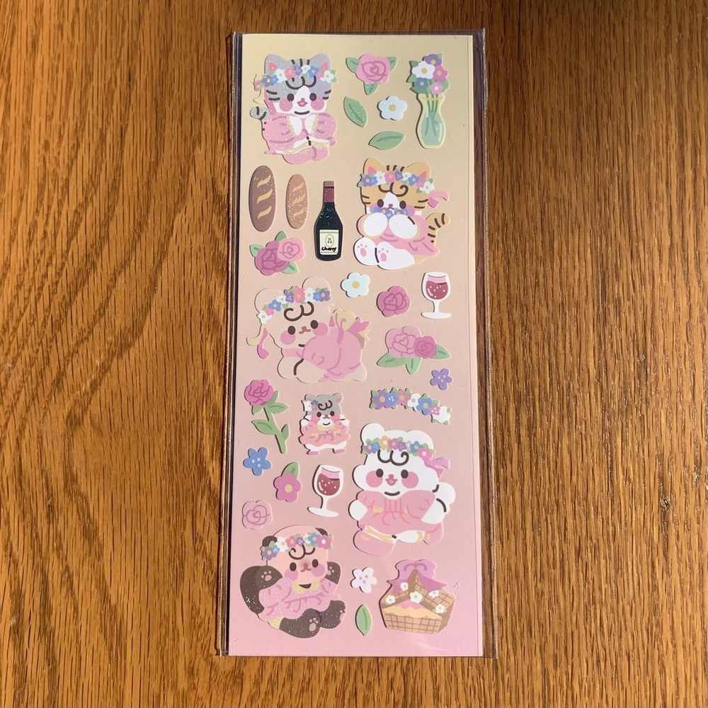 Pink Floral Cats Sticker Sheet