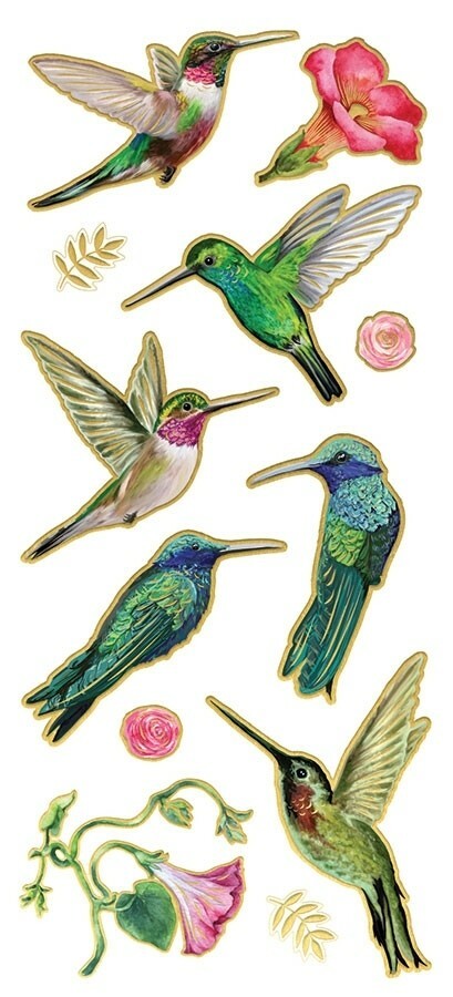 Scrapbooking Crafts Stickers PH Faux Enamel Hummingbirds Flowers Gold Trim Pink