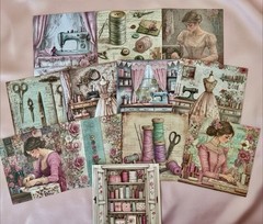 Vintage Sewing Junk Journal Kit Handmade Ephemera Stickers Tags Fabric 108 Piece
