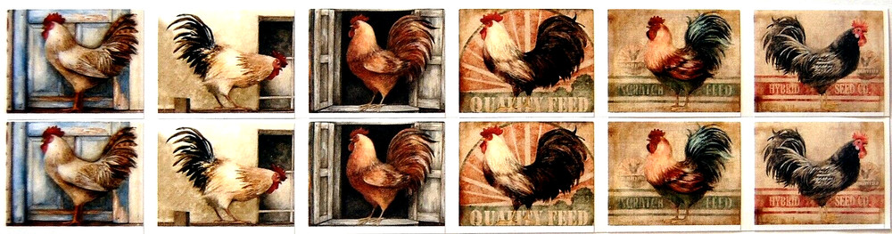 12 Beautiful 1 1/2″ x 1 1/4″ ROOSTER CHICKEN Stickers USA MADE #62 * 6 Designs