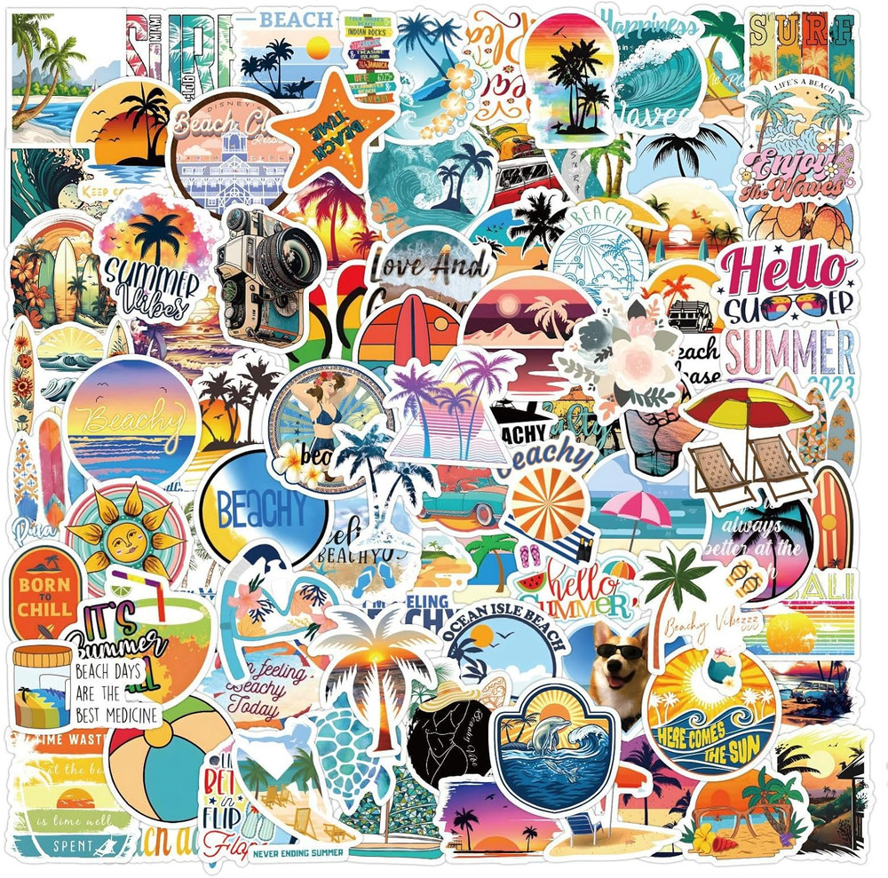 120PCS Hawaii Themed Stickers for Water Bottles, Summer Beach Scene Sticker Pack