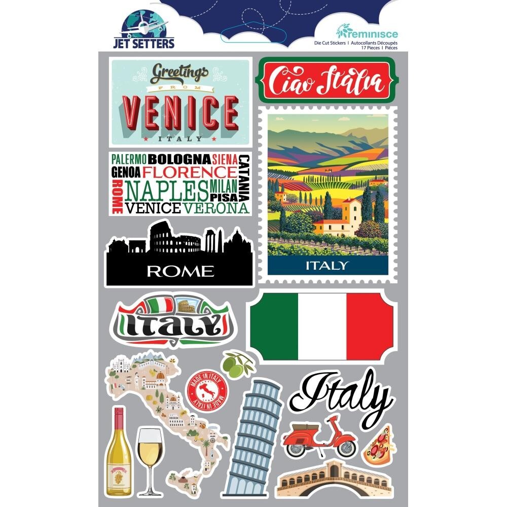 Stickers 3D Italy Venice Rome Stamp Map Flag Leaning Tower Pizza Wine Florence