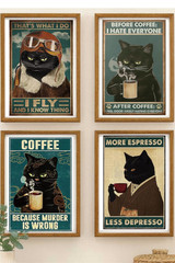 Vintage Black Cat Humor Wall Art Set of 4 Funny Cat Prints Cardstock Wall Decor