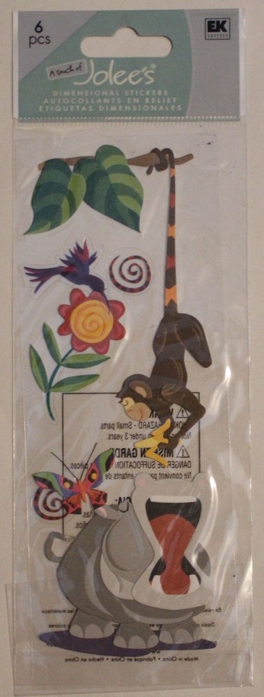 New Jolees Scrapbook stickers HIPPO MONKEY jungle zoo safari hummingbird flower