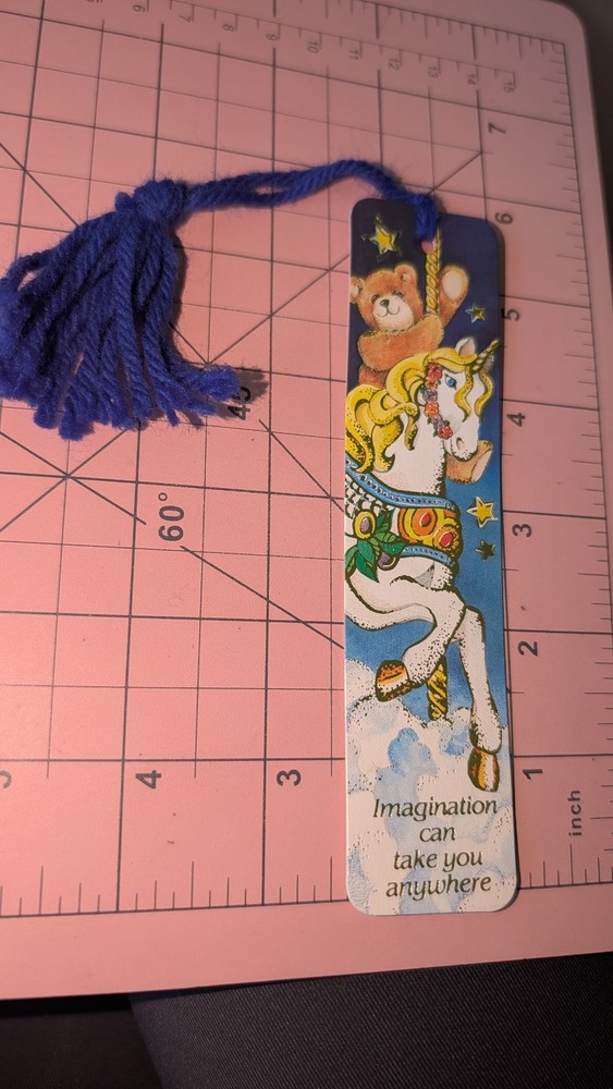 Vintage Bookmark Unicorn carousel Teddy bear Gold Embossed 1985 Antioch H616 80s