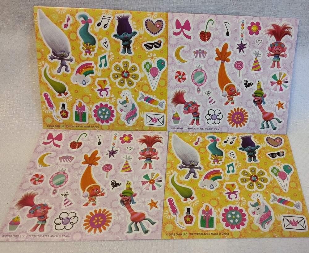 Vintage DreamWorks Trolls (4) Sticker Sheets*4″x4″ New OS 2018 *I*