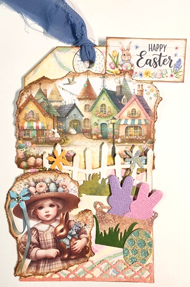Happy Easter Village Girl Chocolate Bunny Peeps Basket OOAK #11 3D Handmade