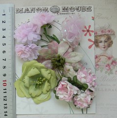 PINK Tones & GREEN 5 Styles 9 Paper & Silk Flowers 30-65mm across VC4
