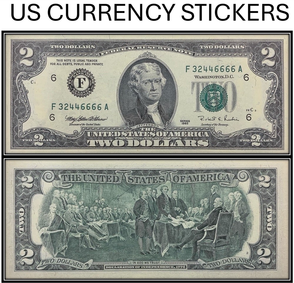 $2 Two Dollar 1995 Federal Reserve Note (US CURRENCY STICKERS)
