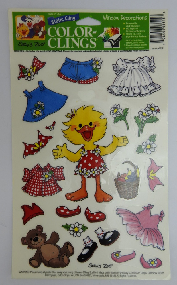 Vintage Suzy’s Zoo Color Clings Static Window Decorations Duck Dress Up Sheet