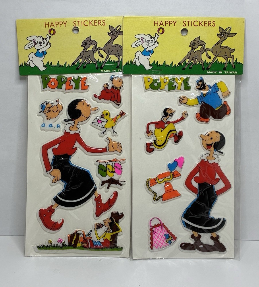 Vtg POPEYE’S OLIVE OIL Puffy Stickers Sealed (2) Packs (13) Happy Stickers NEW