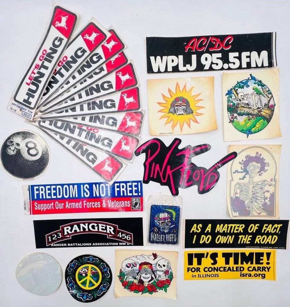 Lot of 20+ Vintage Stickers – Rock Bands, Military, Peace, Hunting, AC/DC…
