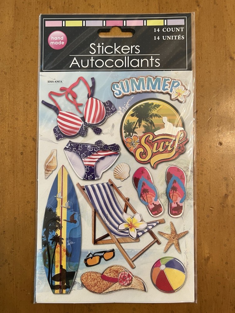 SUMMER SURF Dimensional Stickers 14 Pieces Surfboard Hat Lounge Chair Flip flops