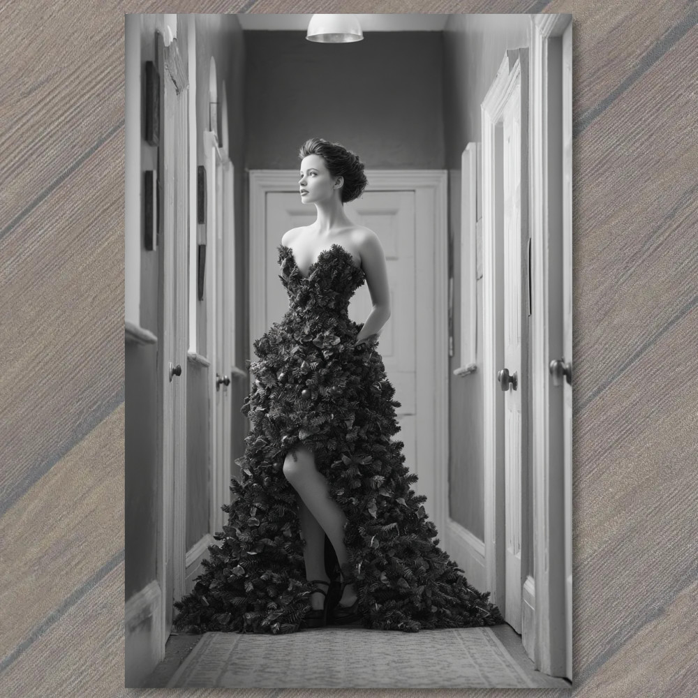 STICKER Elegant Woman Pine Needle Dress Black White Fashion Christmas Tree Gow