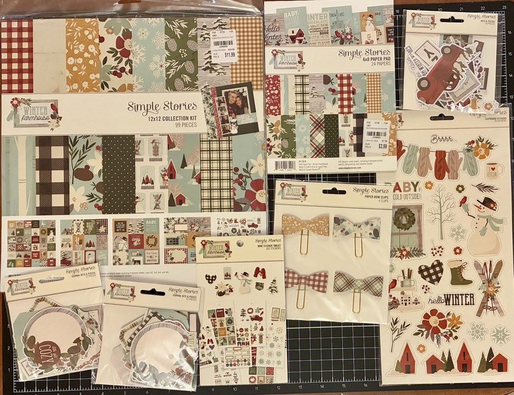 Simple Stories WINTER FARMHOUSE 12×12 Kit, 6×8 Paper, Bits, Bows, Stickers LOT