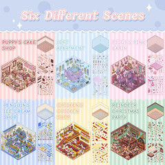DIY 3D Sticker Scenes 6 Sets for Adults Kids, Make Your Own Mini Home/Store Scen