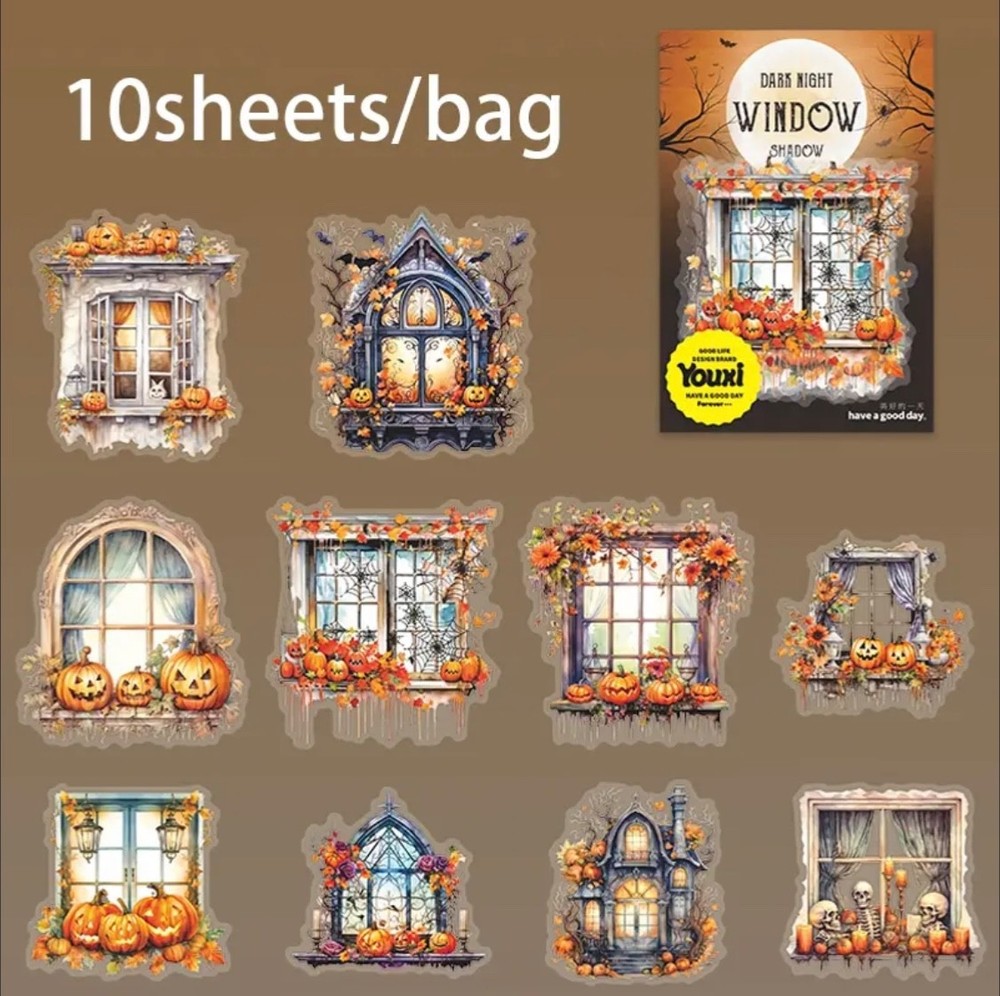 10pcs Halloween Shadow Window P.E.T. Stickers- Scrapbook, DIY Cards & Crafts