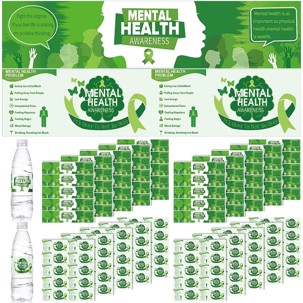 100 Pcs Mental Health Green Ribbon Water Bottle Labels – Waterproof Stickers for