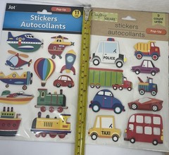 Transportation Pop Up Stickers 3 Sheets Approx 2-3×1-2 Inch Car Plane Truck Boat