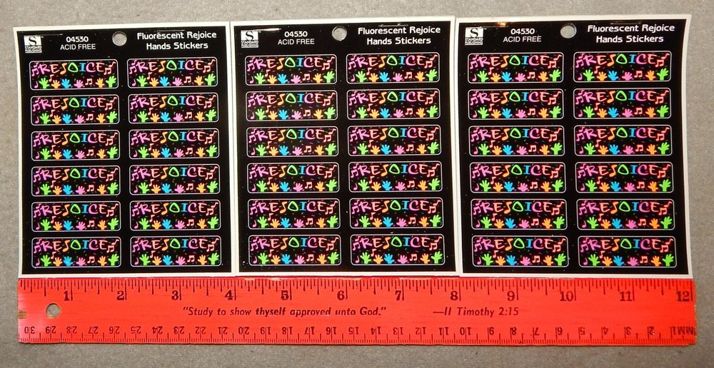 3 Packs Vintage Fluurescent Rejoice Stickers (1/2″ x 1 5/8″) 216 Stickers – new